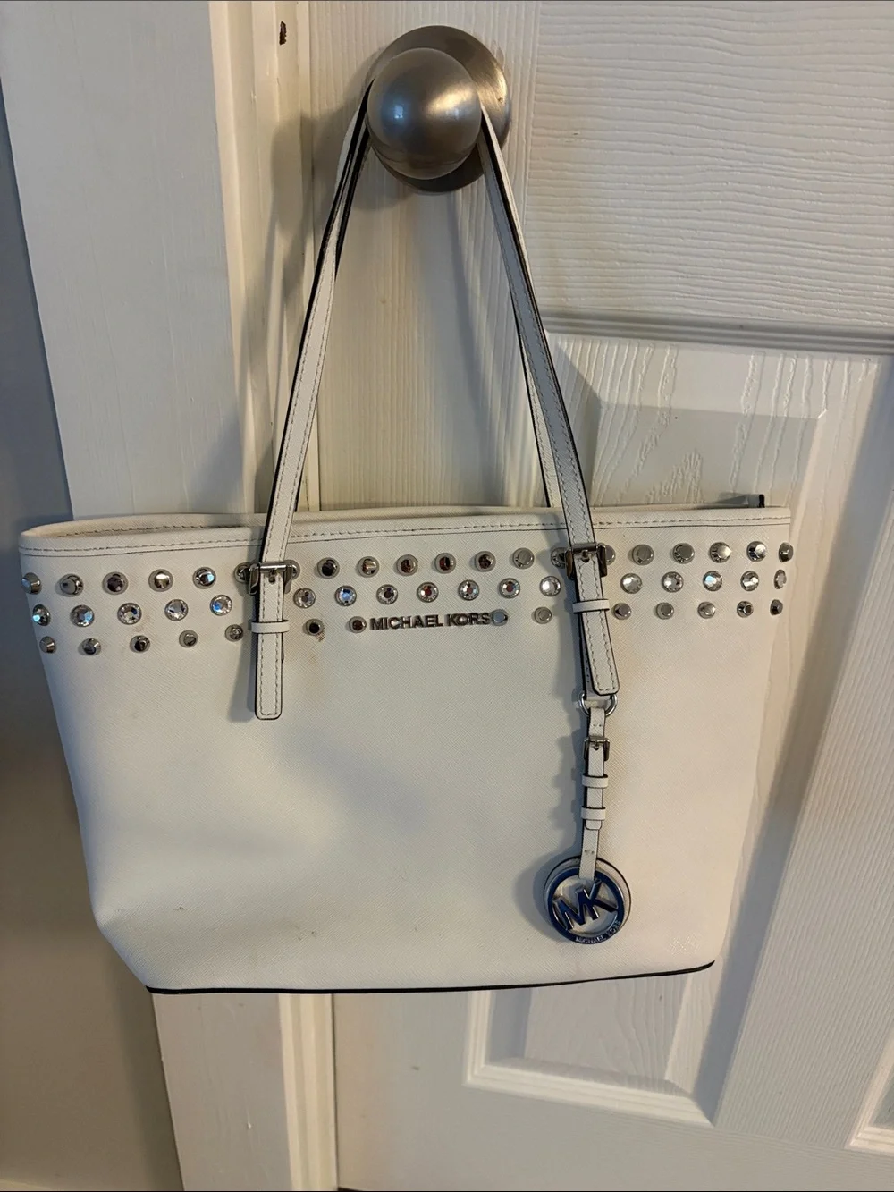 Michael Kors White Studded Saffiano Tote with MK Charm
